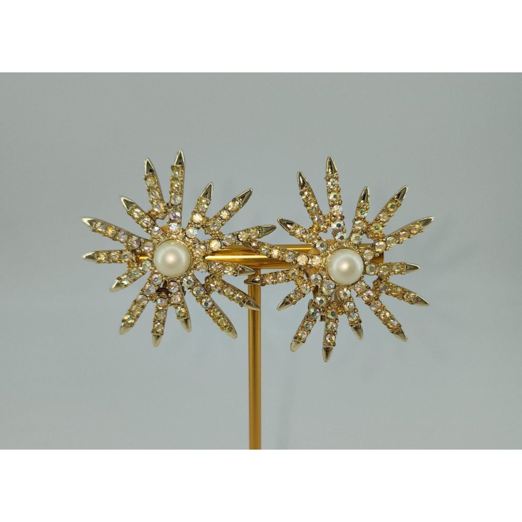 Emmons Retro Faux Pearl Aurora Borealis Rhinestone Clip-On Starburst Earrings 25$